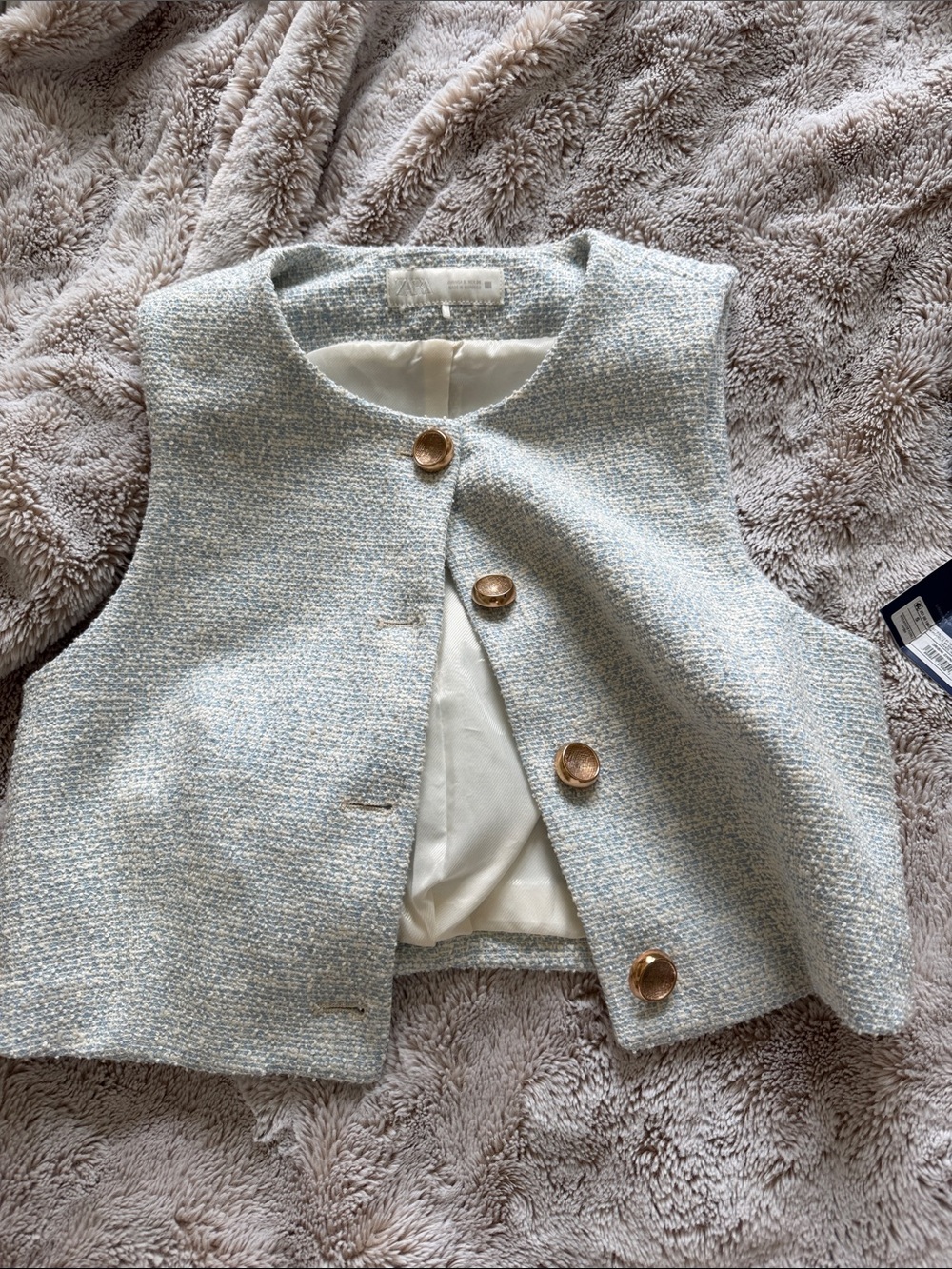 Zara Pale Blue Tweed Cropped Vest with Gold Buttons